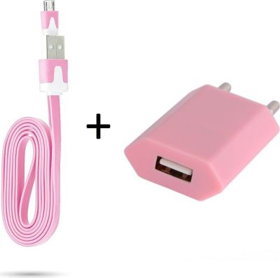 Chargeur secteur SHOT CASE Noodle Cable Micro USB + Prise ROSE P