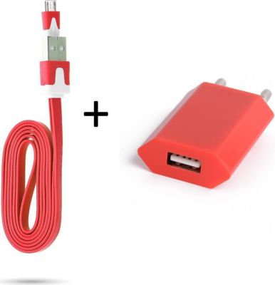 Chargeur secteur SHOT CASE Noodle Cable Micro USB + Prise ROUGE