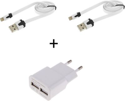 Chargeur secteur SHOT CASE 2 Cables IPHONE Noodle + Prises BLANC