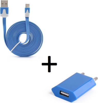 Chargeur secteur SHOT CASE Cable IPHONE Noodle 3m + Prise BLEU