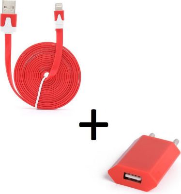 Chargeur secteur SHOT CASE Cable IPHONE Noodle 3m + Prise ROUGE