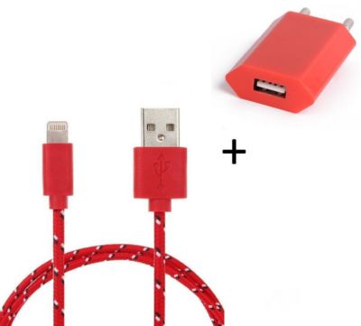 Chargeur secteur SHOT CASE Cable IPHONE Tresse 3m + Prise ROUGE