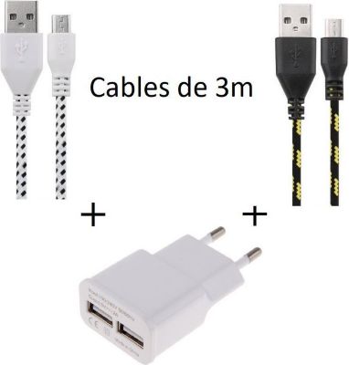 Chargeur secteur SHOT CASE 2 Cables Micro USB Tresse 3m + Prises