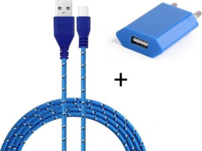 Chargeur secteur SHOT CASE Cable Micro USB Tresse 3m + Prise BLEU