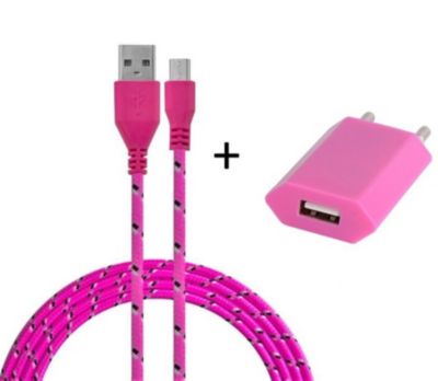 Chargeur secteur SHOT CASE Cable Micro USB Tresse 3m + Prise ROSE B
