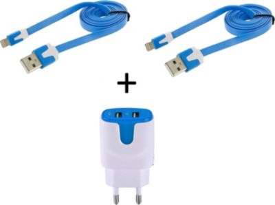 Chargeur secteur SHOT CASE 2 Cables IPHONE Noodle + Prises BLEU