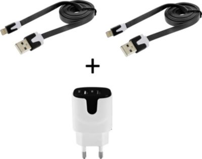 Chargeur secteur SHOT CASE 2 Cables IPHONE Noodle + Prises NOIR