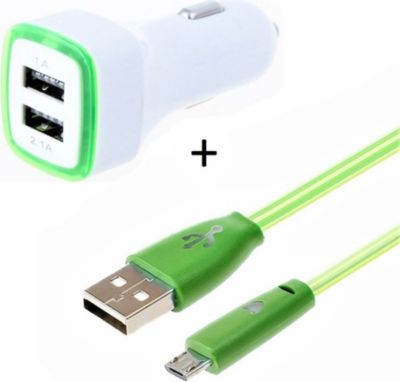 Chargeur allume-cigare SHOT CASE Micro USB Cable Smiley + Prise VERT