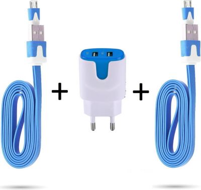 Chargeur secteur SHOT CASE 2 Cables Micro USB Noodle + Prises BLEU