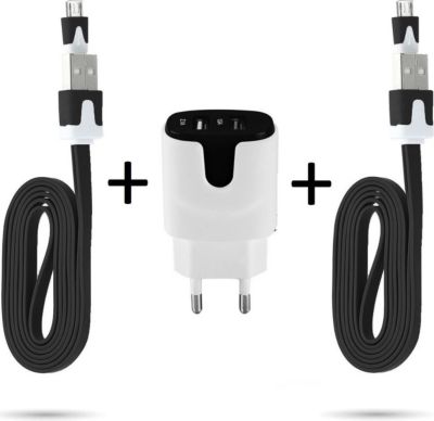 Chargeur secteur SHOT CASE 2 Cables Micro USB Noodle + Prises NOIR