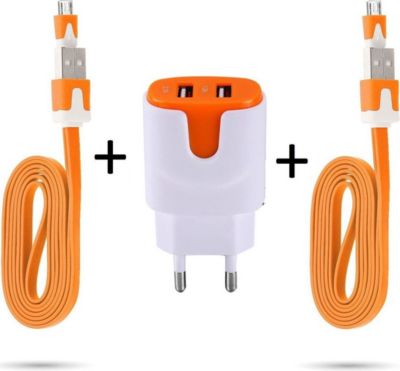 Chargeur secteur SHOT CASE 2 Cables Micro USB Noodle + Prises ORANG