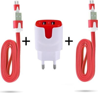Chargeur secteur SHOT CASE 2 Cables Micro USB Noodle + Prises ROUGE