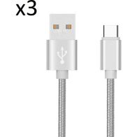 Chargeur USB C SHOT CASE Pack de 3 Cables Metal (ARGENT)