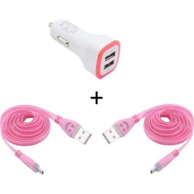 Chargeur allume-cigare SHOT CASE IPHONE 2 Cables Smiley + Prise ROSE