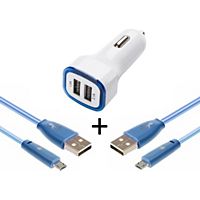 Chargeur allume-cigare SHOT CASE Micro USB 2 Cables Smiley + Prise BLEU