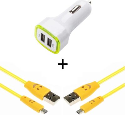 Chargeur allume-cigare SHOT CASE Micro USB 2 Cables Smiley + Prise JAUNE