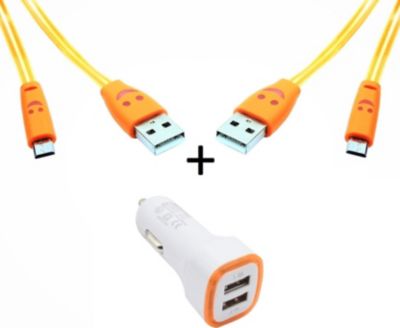 Chargeur allume-cigare SHOT CASE Micro USB 2 Cables Smiley + Prise ORANGE