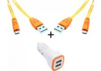 Chargeur allume-cigare SHOT CASE Micro USB 2 Cables Smiley + Prise ORANGE