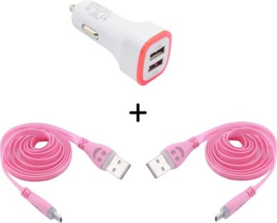 Chargeur allume-cigare SHOT CASE Micro USB 2 Cables Smiley + Prise ROSE