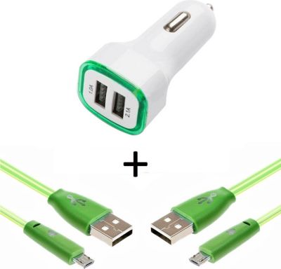 Chargeur allume-cigare SHOT CASE Micro USB 2 Cables Smiley + Prise VERT