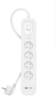 Multiprise Parafoudre 4 Prises 2P+T Interrupteur 2 USB 2,4A 2m Blanc Gris -  BELKIN - Mr.Bricolage