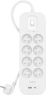 Belkin Multiprise/Parafoudre 8 prises + 2 ports USB - cordon de 2m - Blanc