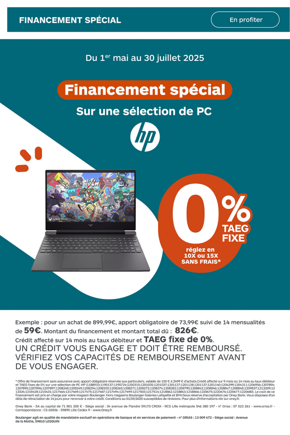 Financement HP 10x ou 15x sans frais 