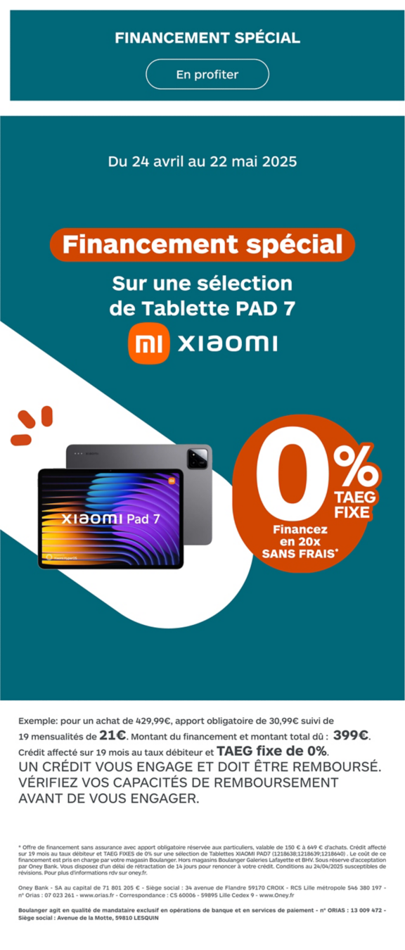 financement 20x sans frais xiaomi pad 7