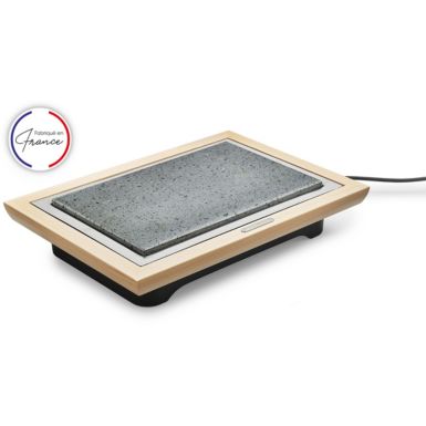 Grill Pierre Deluxe - Plancha En Pierre Naturelle Avec Cadre Bois Clair + Grattoir Inox - Grande Surface 37x23 Cm