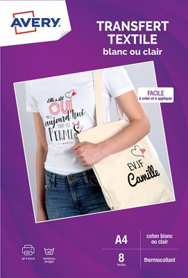 Papier créatif AVERY 8 Transferts T-shirt blancs/clairs A4