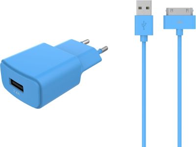 Chargeur secteur Essentielb USB 2,4A + cable 30 broches bleu