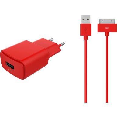 Chargeur secteur ESSENTIELB USB 2,4A + cable 30 broches rouge