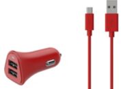 Chargeur allume-cigare ESSENTIELB 2 USB 2.4A + Cable Micro USB Rouge