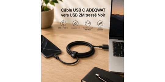 Câble USB C ADEQWAT vers USB noir 2m tréssé