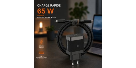 Chargeur USB C ADEQWAT Chargeur USB C x2 65W +Cable USB-C Noir