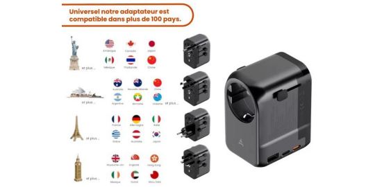 Adaptateur de voyage ADEQWAT 65W universel EU UK US ASIE