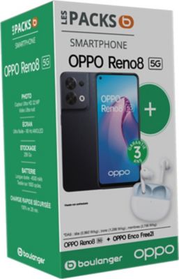 Smartphone OPPO Pack Reno8 Noir 5G + Enco Free 2i Blanc