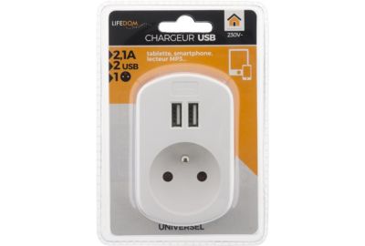 Chargeur ZENITECH 2P + T + 2 USB 2.1A BLANC