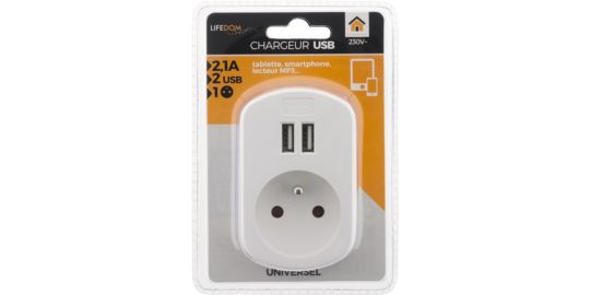 Chargeur ZENITECH 2P + T + 2 USB 2.1A BLANC