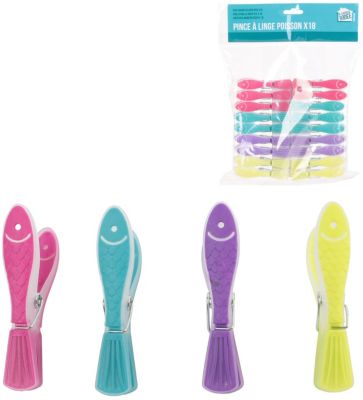 Pinces linge JE CHERCHE UNE IDEE x16 poissons rose vert violet jaune