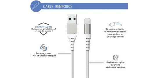 CABLE FORCE POWER USB-A / USB-C 1.2m blanc