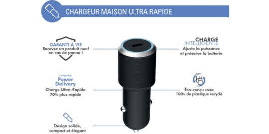 Chargeur allume cigare FORCE POWER 25W USB-C Noir allule cigare