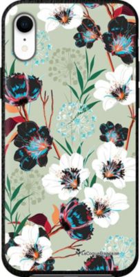 Coque EVETANE Effet Cuir iPhone XR Fleurs Vert