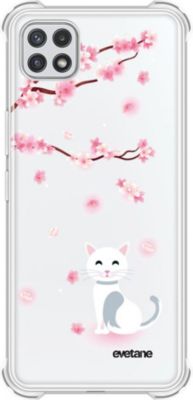 Coque EVETANE Silicone Galaxy A22 5G Chat et Fleurs