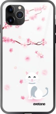 Coque EVETANE Verre iPhone 11 Pro Chat Fleurs