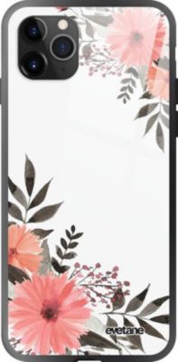 Coque EVETANE Verre iPhone 11 Pro Max Fleurs Rose