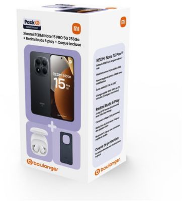 Smartphone XIAOMI Pack REDMI Note 15 Pro 5G 256Go Noir + Redmi buds 6 play blanc + coque incluse