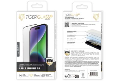 Protège écran TIGER GLASS iPhone 15 Verre trempé recyclé Mat