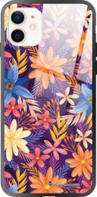 Coque EVETANE Soft Touch iPhone 12 Mini Fleurs Orange