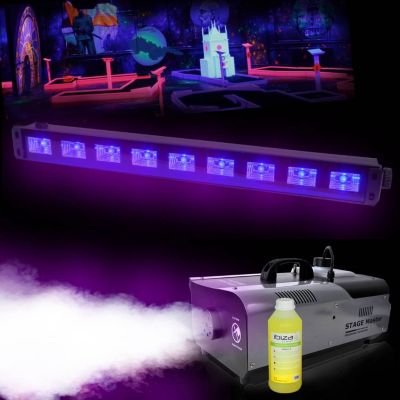 Jeu de lumières VARYTEC Machine fumée 900W+1L+Barre LED UV-BAR